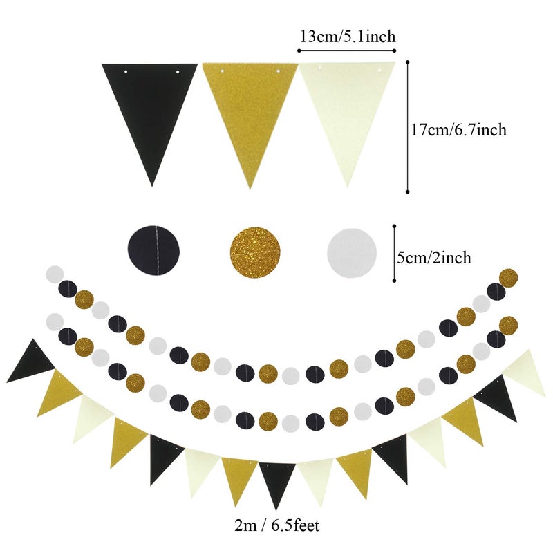 ZERODECO Party Decoration, 21 Pcs Black and Gold Hanging Paper Fans, Pom Poms Flowers, Garlands String Polka Dot and Triangle Bunting Flags for Birthday Parties Wedding DÃ©cor, Table & Wall Decorations - Image 5